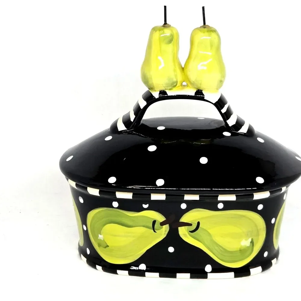 Lynn Morris Studio Pottery Black White Polka Dots Green Pear Covered Dish VGC